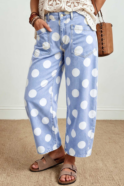 Sky Blue Polka Dot Ankle-Length Barrel Jeans