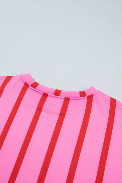 Red Stripe Dropped Shoulder Round Neck Casual Sweatshirt