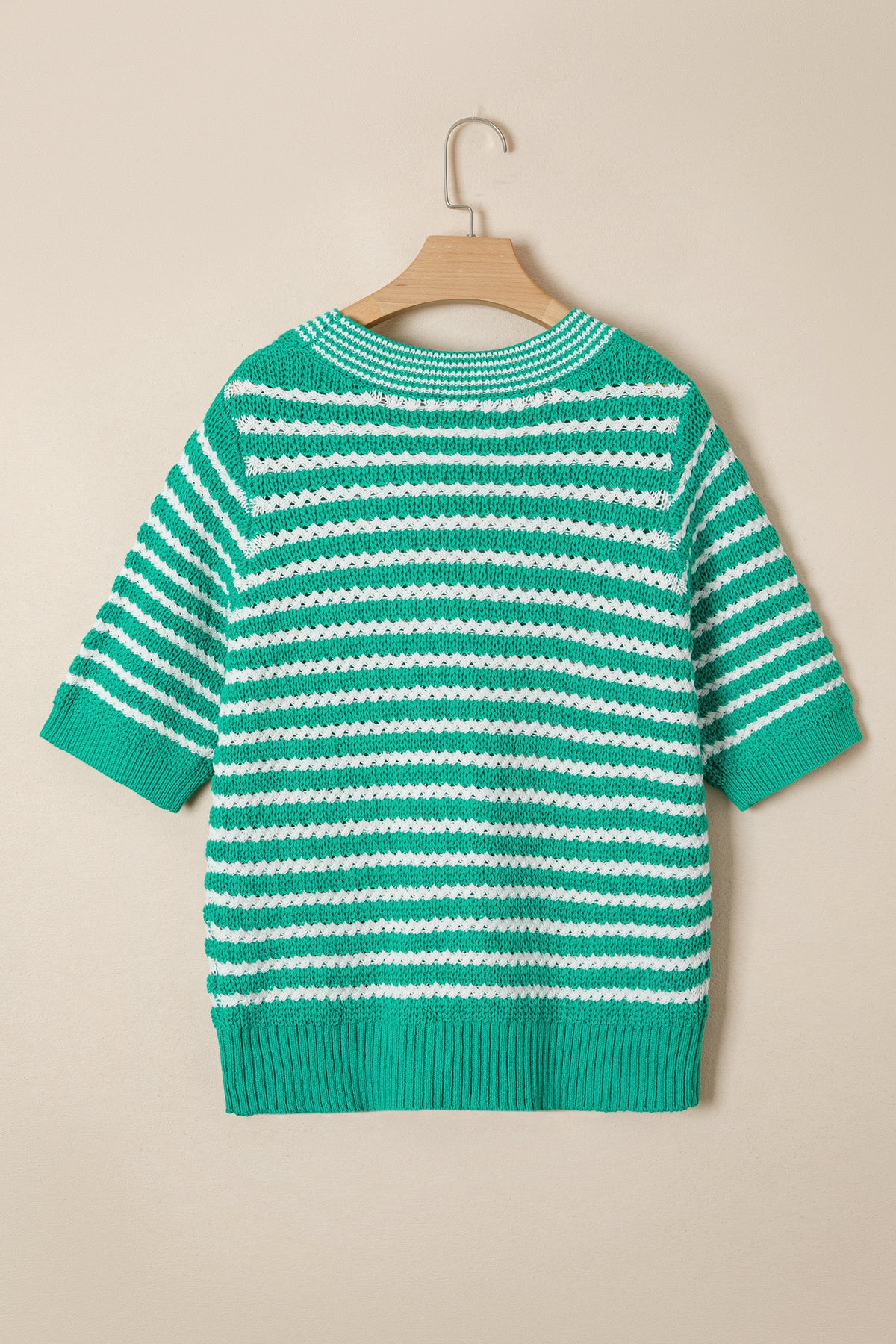 Green Stripe Short Sleeve Knit V Neck Bow Knot Sweater