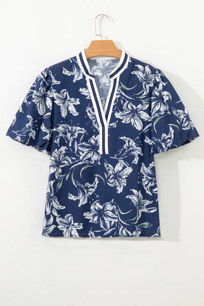 Blue Floral Print Short Puff Sleeve Striped Trim V Neck Blouse
