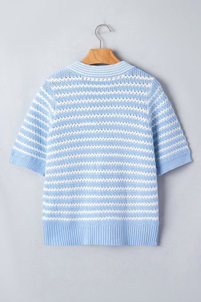 Sky Blue Stripe Short Sleeve Knit V Neck Bow Knot Sweater