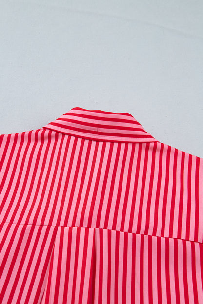 Red Stripe Button-Up Shirt Long Sleeve Patch Pocket Casual Shirt