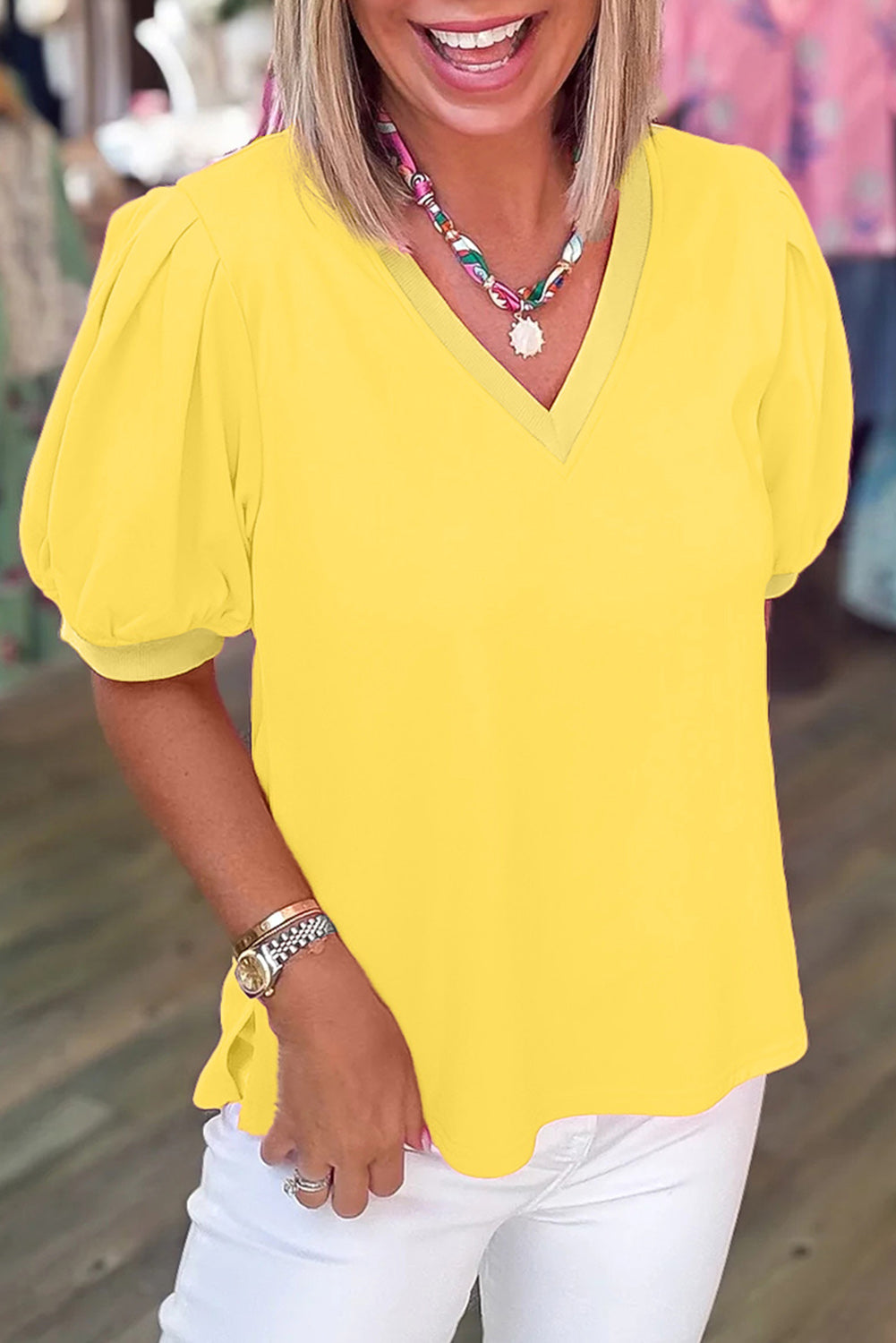 Turquoise Solid Color V Neck Short Puff Sleeve Blouse