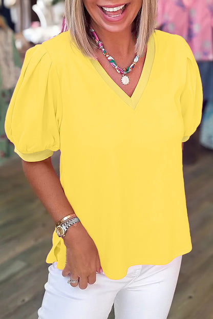 Turquoise Solid Color V Neck Short Puff Sleeve Blouse