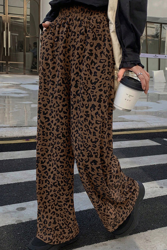 Dark Brown Leopard Print Elastic High Waist Loose Corduroy Pants