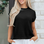 Black Solid Color Round Neck Textured Short Sleeve Sweater