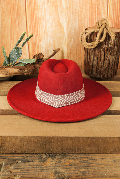 Sombrero Fedora plano retro con bordado azteca marrón
