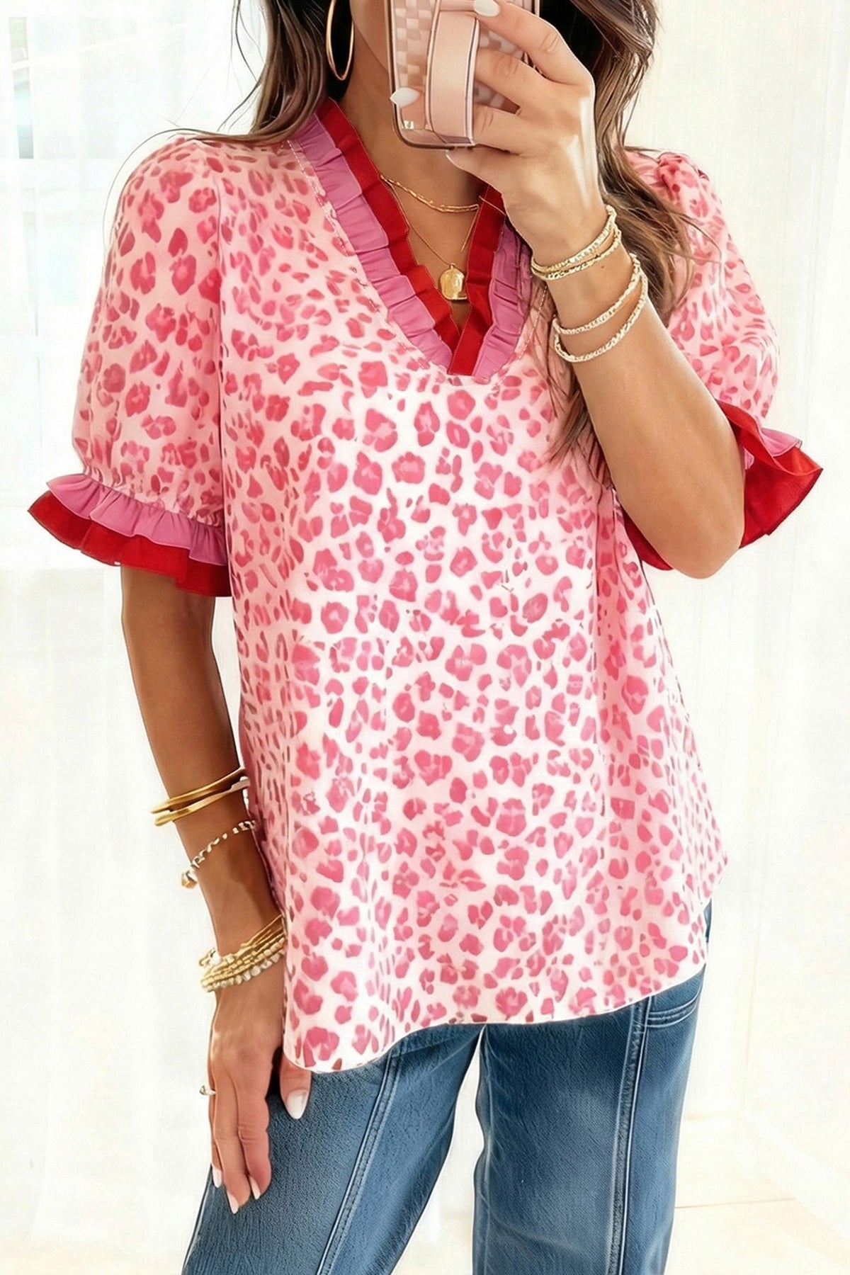 Gray Ruffled Trim V Neck Leopard Print Short Sleeve Blouse