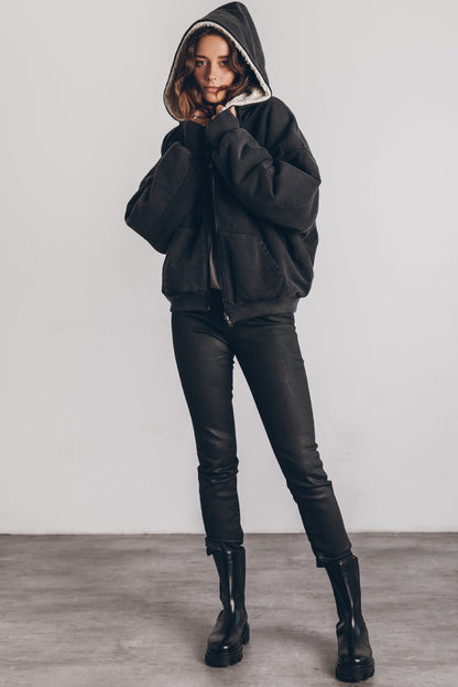 Sweat-shirt à capuche zippé Athleisure en sherpa noir 