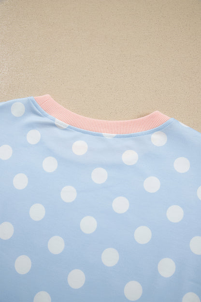 Sky Blue Polka Dot Contrast Trim Long Sleeve Top Drawstring Shift Pants Set