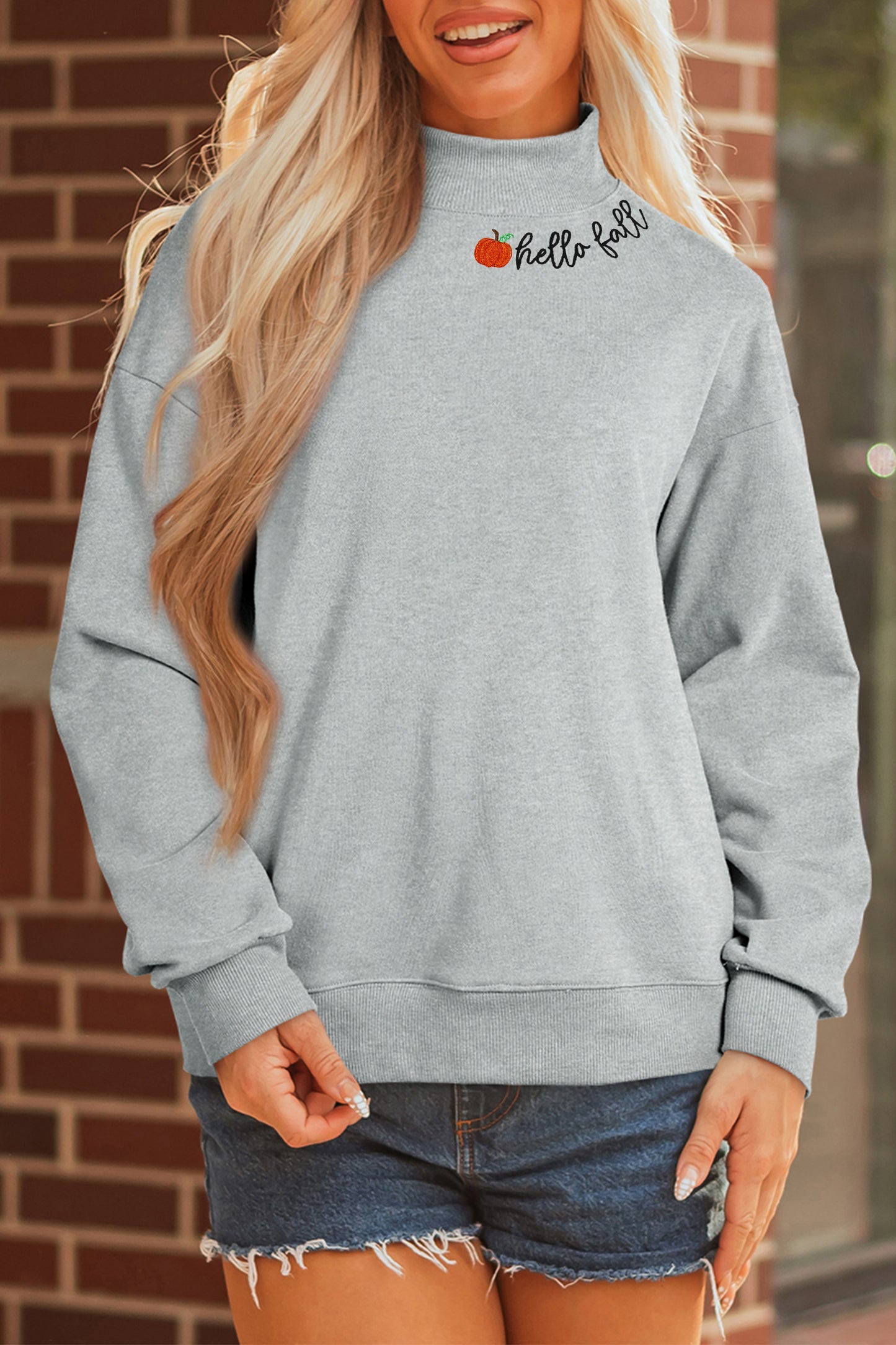 Gray hello fall Embroidered Pumpkin Detail Mock Neck Sweatshirt
