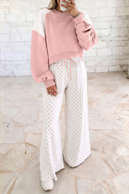 Pink Polka Dot Patchwork Colorblock Long Sleeve Casual Two Piece Pants Set