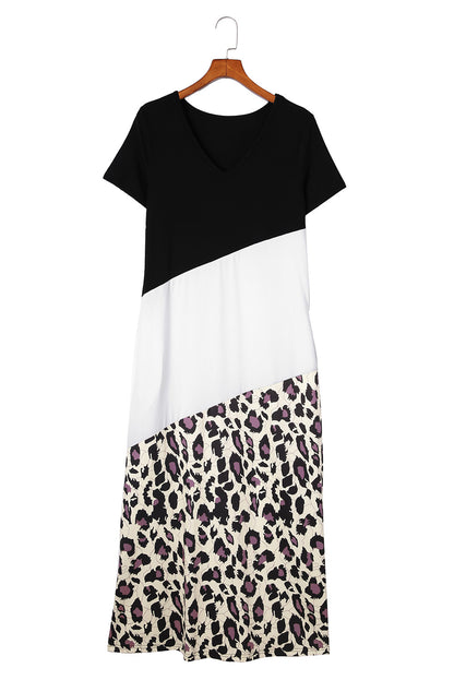 Leopard Color Block Side Slit T Shirt Maxi Dress