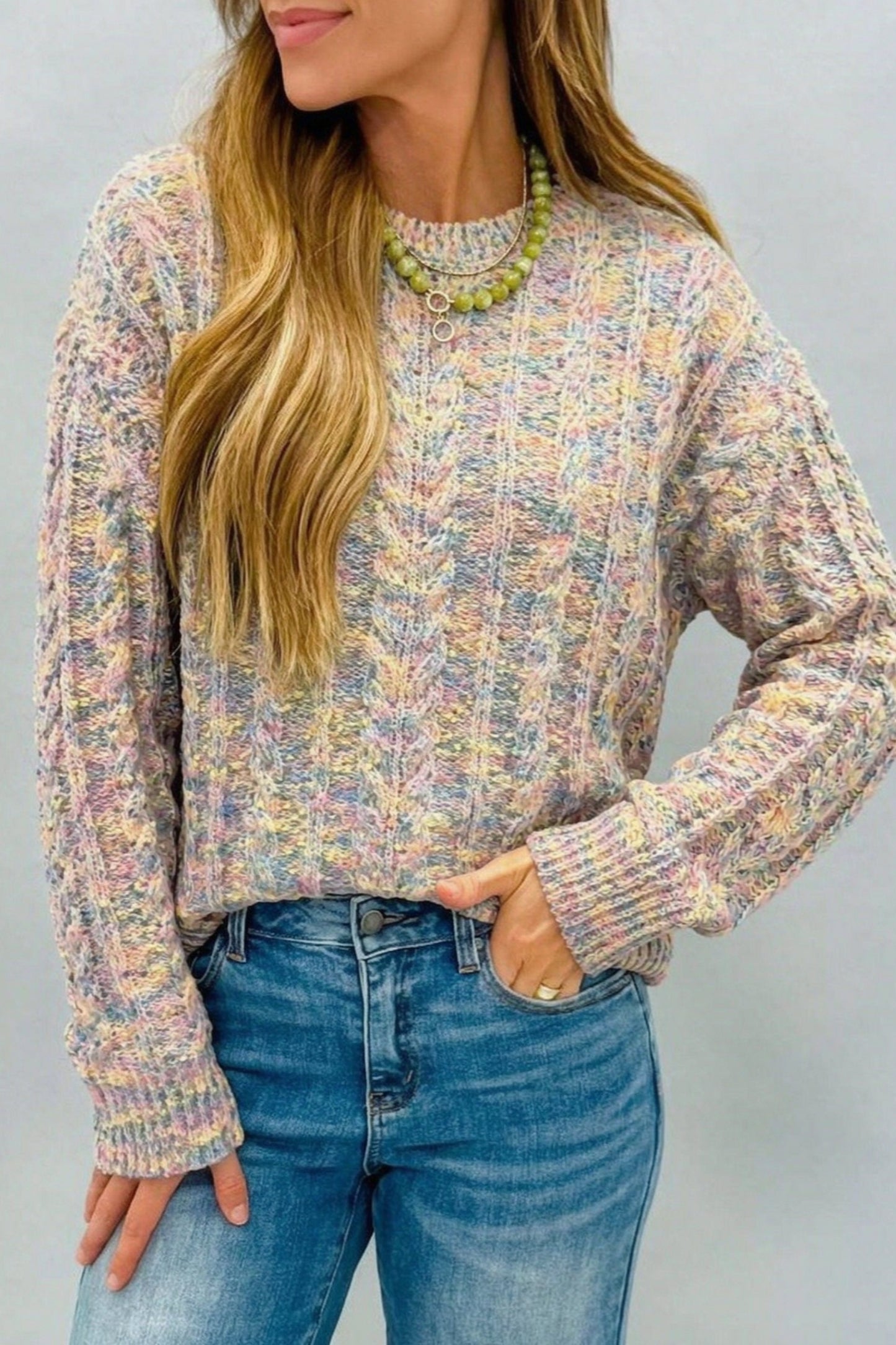 Multicolour Cozy Cable Knit Round Neck Long Sleeve Confetti Sweater