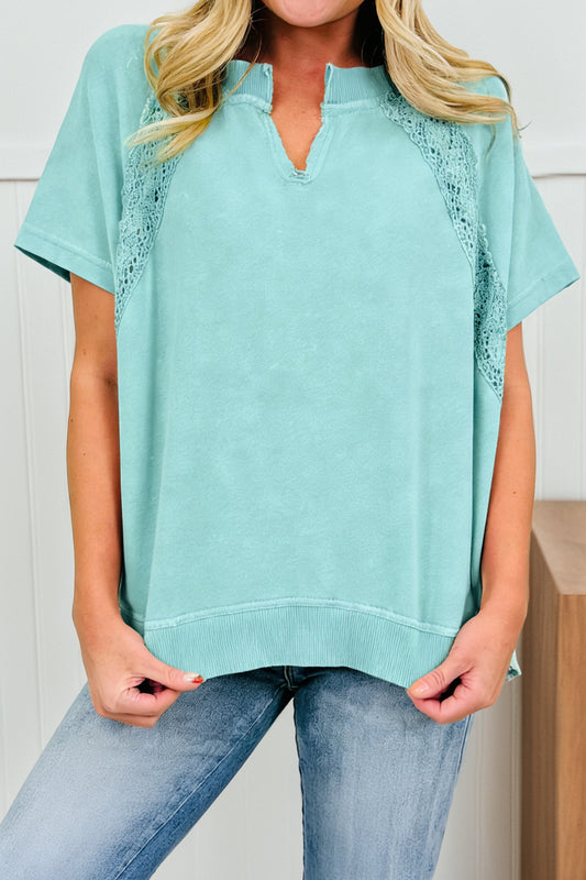 Mint Green Raw Cut Notched Neck Lace Patchwork Detail Mineral Wash Tee