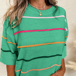 Green Colorblock Striped Half Sleeve Drop Shoulder Sweater