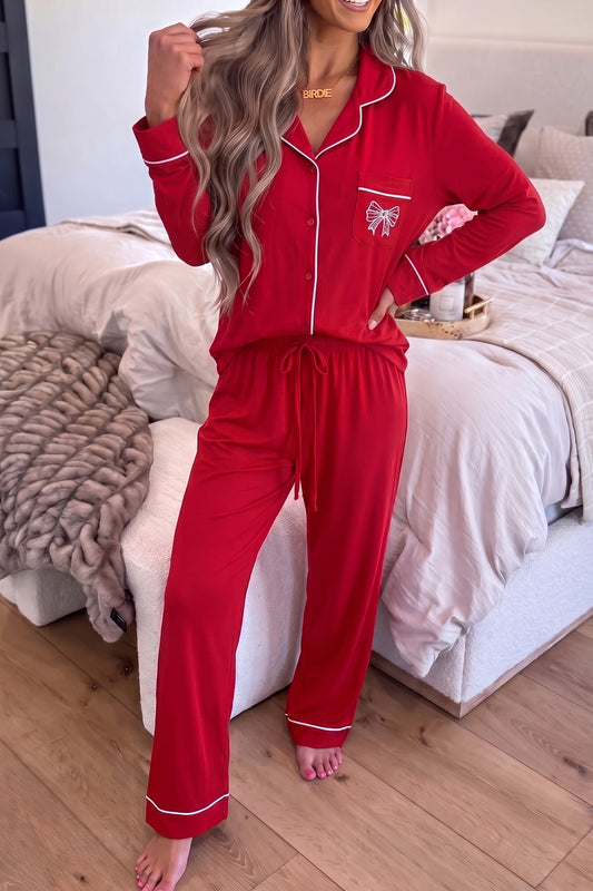 Racing Red Bow Pocket Detail Long Sleeve Shirt 2pcs Pajama Set