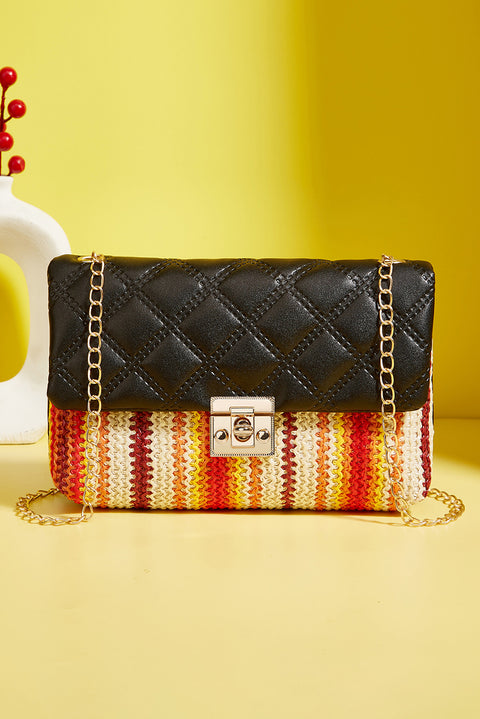 Black Quilted Flap Printed Knit Chain Single Shoulder Bag