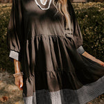 Black Contrast Stitched V Neck 3/4 Sleeve Tiered Mini Dress