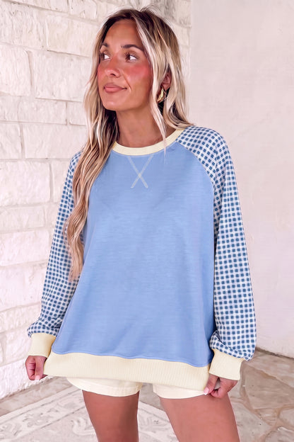 Light Blue Plaid Sleeve Colorblock Raglan Pullover Sweatshirt