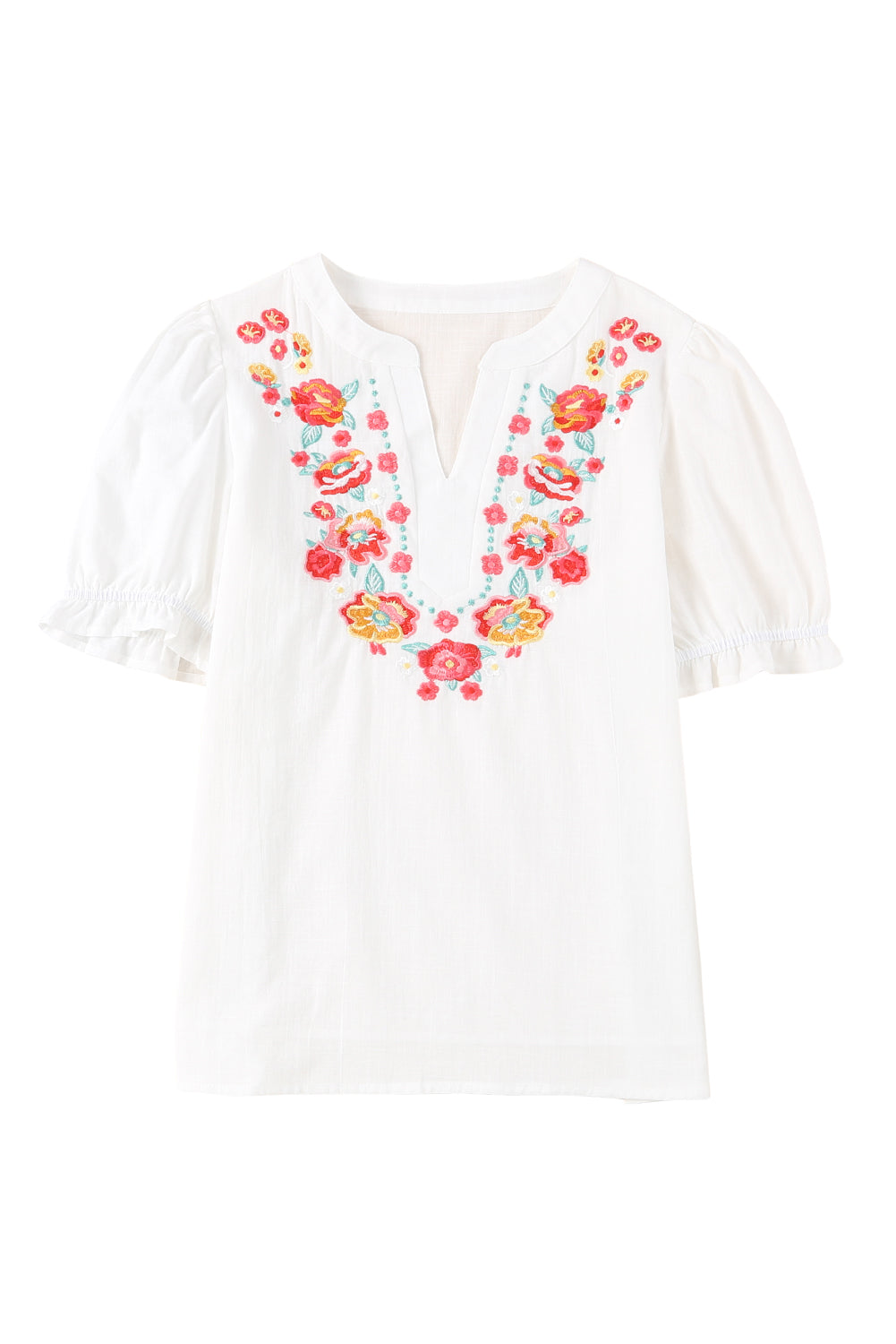 Blusa de manga farol con volantes y bordado floral 