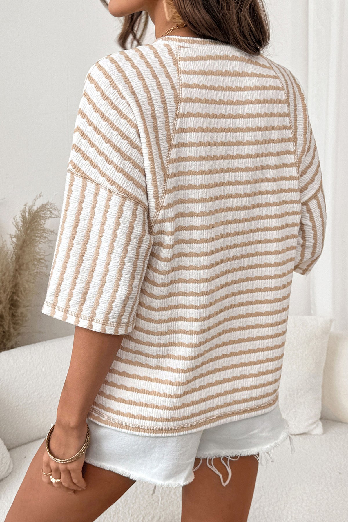 Sky Blue Stripe Textured Knit Split Hem Half Sleeve Loose Top