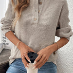 Simply Taupe Ribbed Texture Drop Shoulder Henley Knit Top
