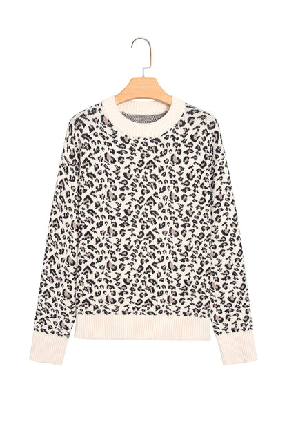 Beige Leopard Print Ribbed Color Block Trim Pullover Sweater