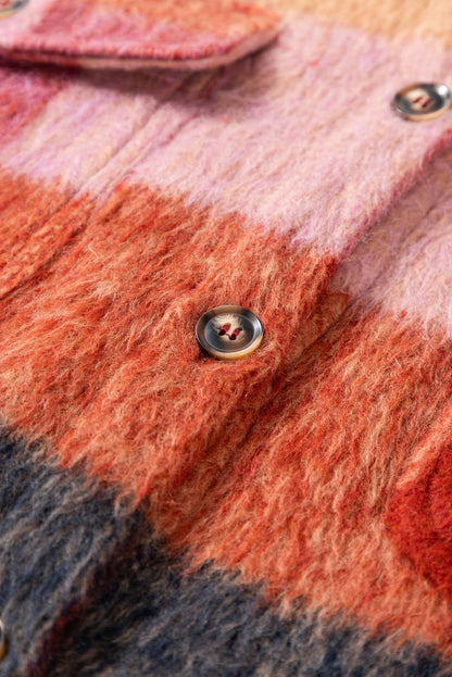 Veste décontractée grande taille à imprimé écossais orange avec poches à rabat et boutons