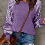Tillandsia Purple Contrast Print Striped Raglan Long Sleeve Loose Top