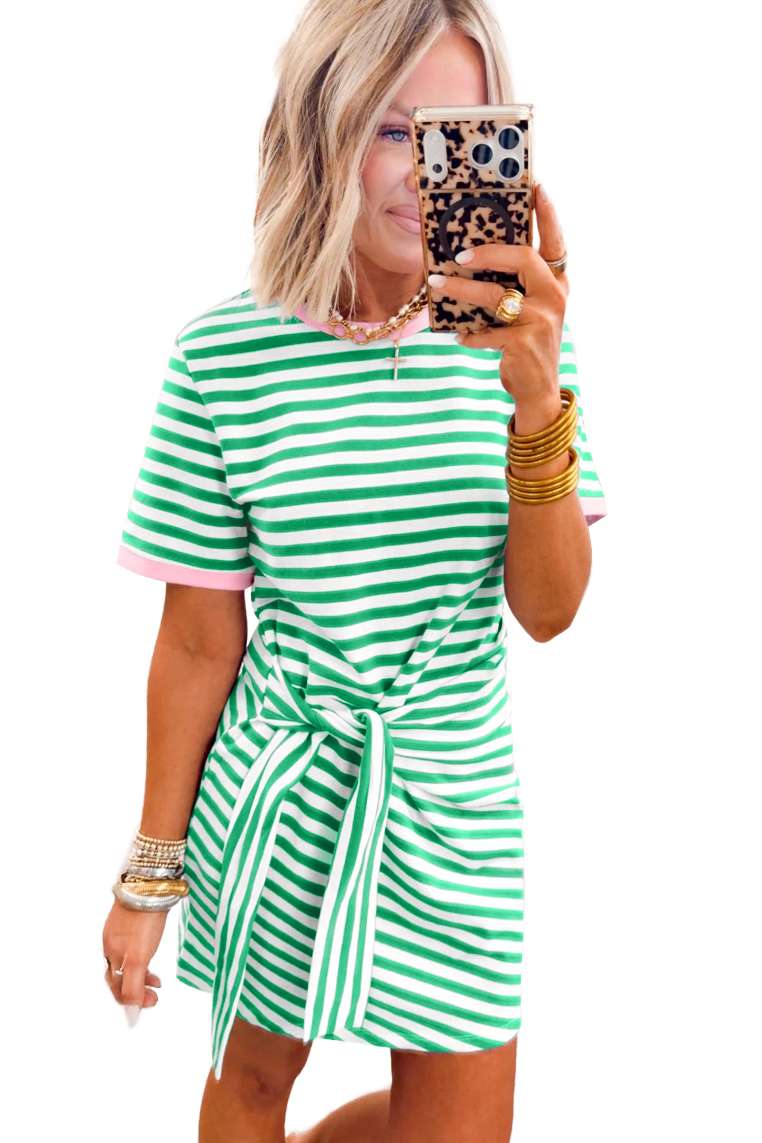 Green Stripe Nautical Tie Contrast Trim Round Neck T Shirt Mini Dress