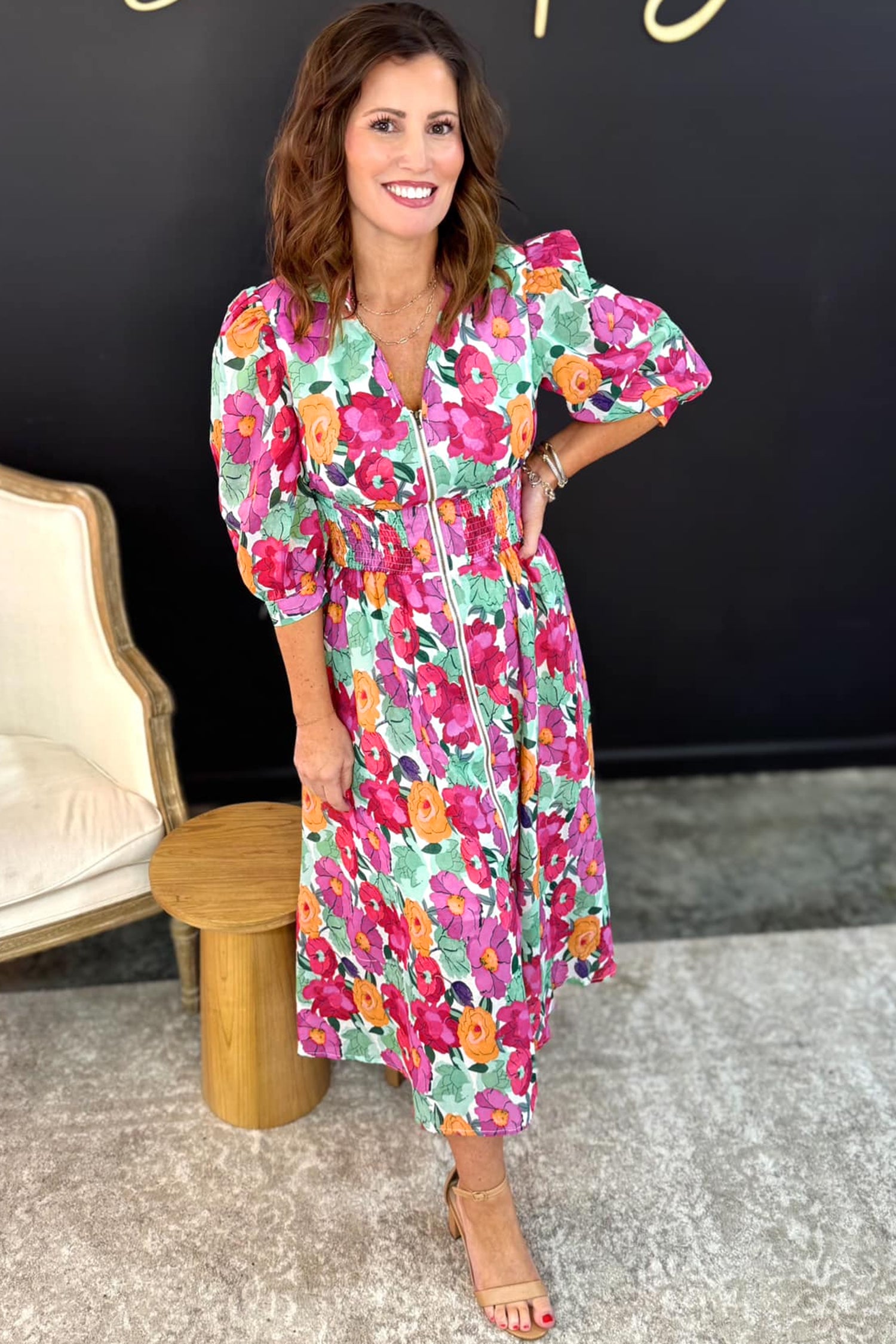 Rose Vibrant Floral Print V Neck Zip Up Puffy Half Sleeve Dress