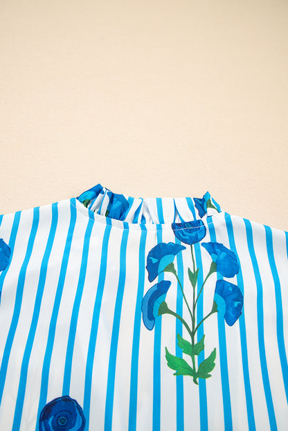 Sky Blue Stripe Floral Buttoned Frilly Notched Neck Puff Sleeve Summer Blouse