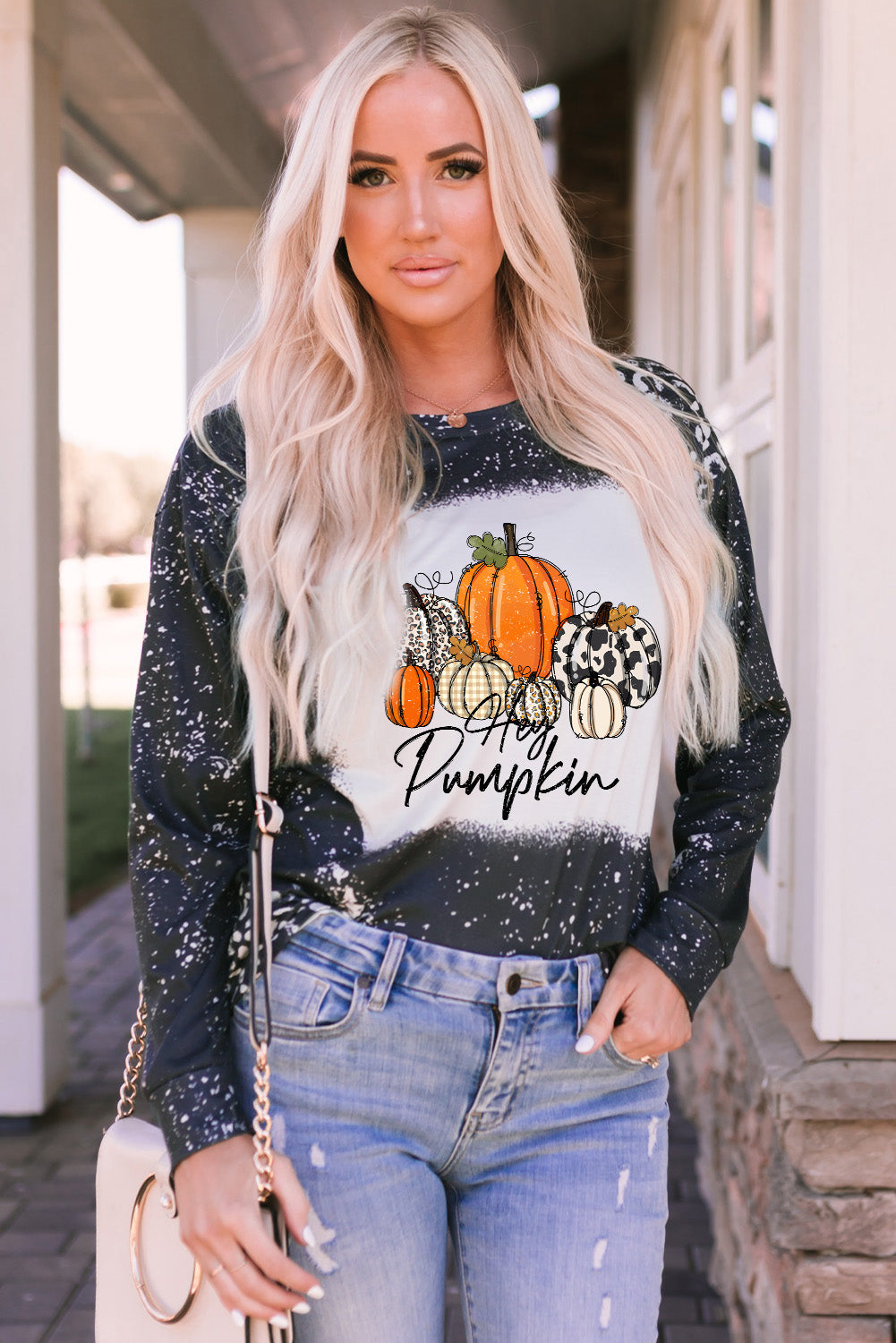 Black Leopard Bleached Pumpkin Graphic Long Sleeve Top