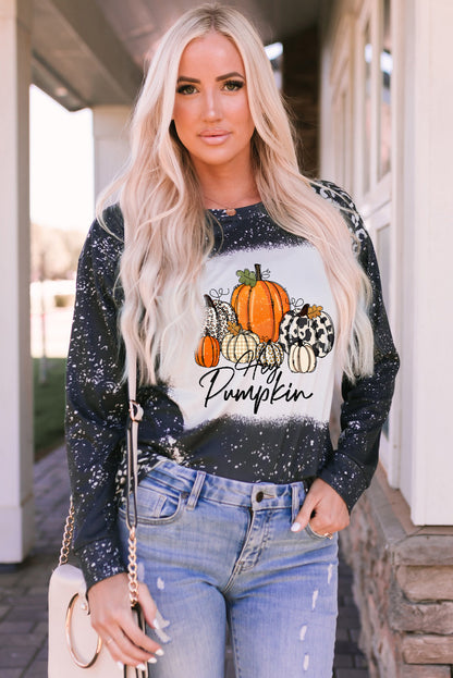 Black Leopard Bleached Pumpkin Graphic Long Sleeve Top
