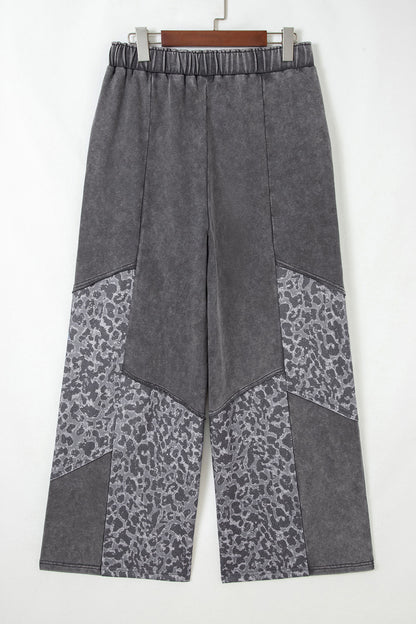 Dark Grey Mineral Wash Leopard Patchwork Loose Pants