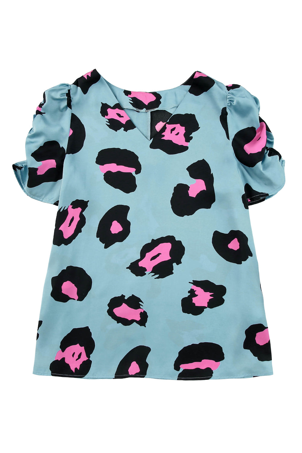 Blusa con estampado de leopardo de manga corta fruncida de color caqui