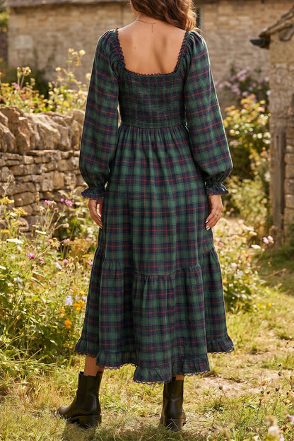 Green Vintage Plaid Square Neck Lace Trim Long Sleeve Shift Dress