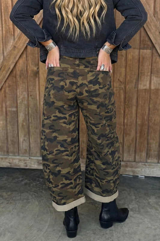 Multicolour Camouflage Print Retro Grommet Tie Waist Loose Jeans