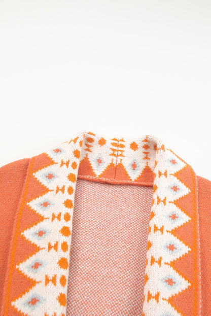 Cardigan ouvert en maille orange à imprimé aztèque