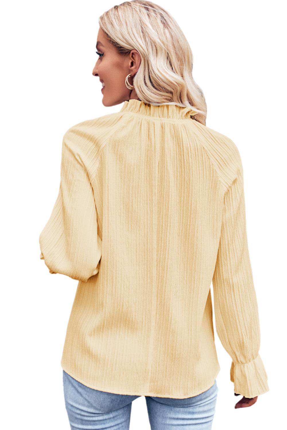 Blusa con volantes y cuello simulado con manga de burbuja ondulada verde 