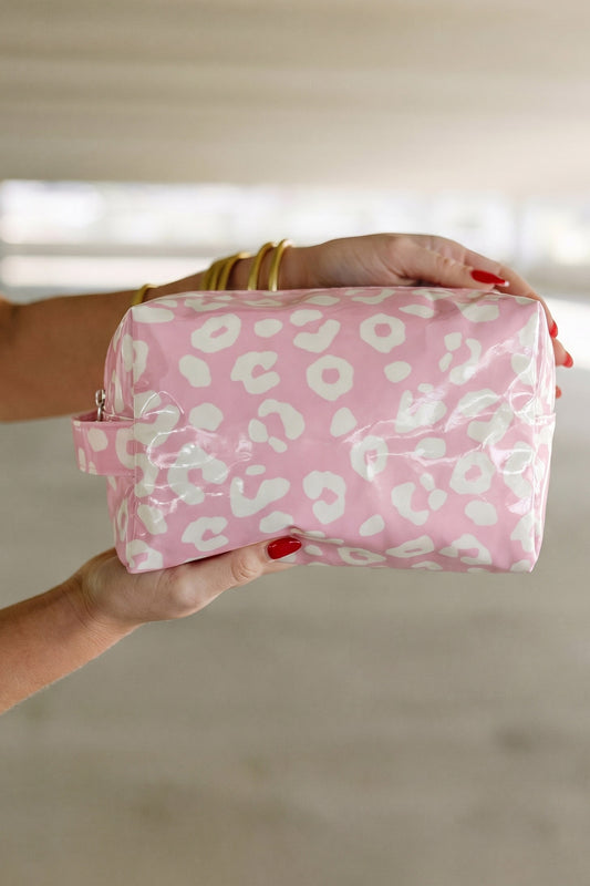 Light Pink Leopard Print PVC Travel Makeup Organizer Cosmetic Bag
