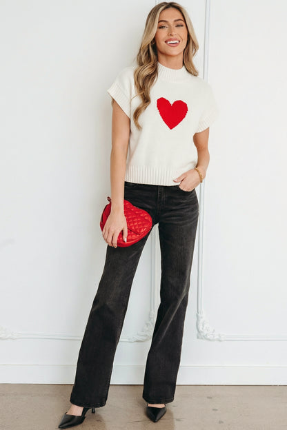 White Valentine Heart Graphic Cropped Short Sleeve Sweater