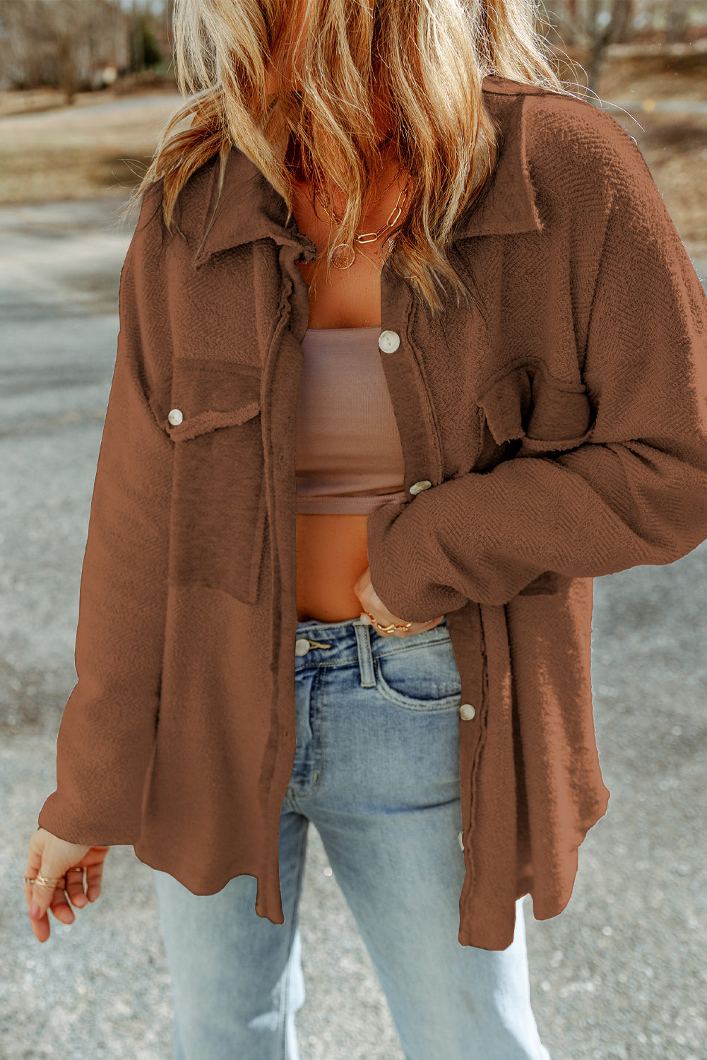 Black Contrast Flap Pockets Relaxed Shacket