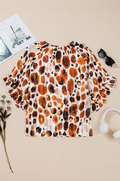 Chemisier plissé à manches 3/4 et volants, imprimé abstrait, avec détails de fils métalliques marron