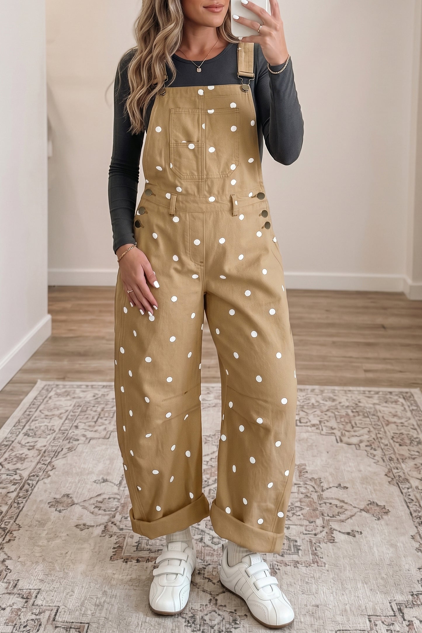 Jet Stream Polka Dot Print Bib Pocket Denim Barrel Overalls Jumpsuit