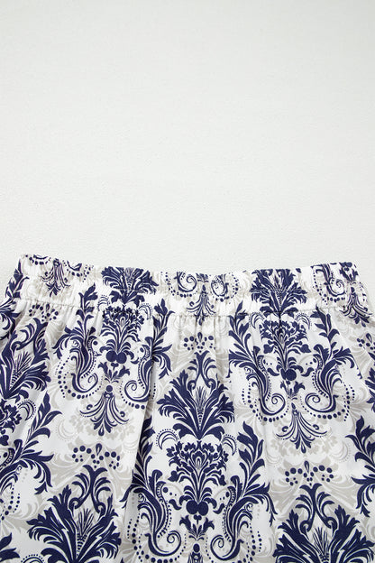 Blue Bohemian Floral Print Tiered Maxi Skirt with Split