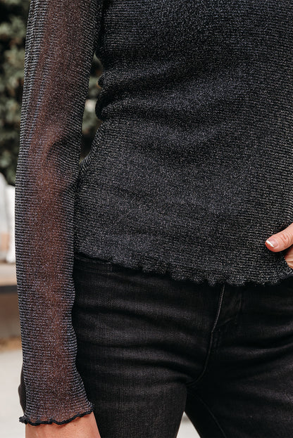 Black Metallic Glitter Mesh Long Sleeve Top