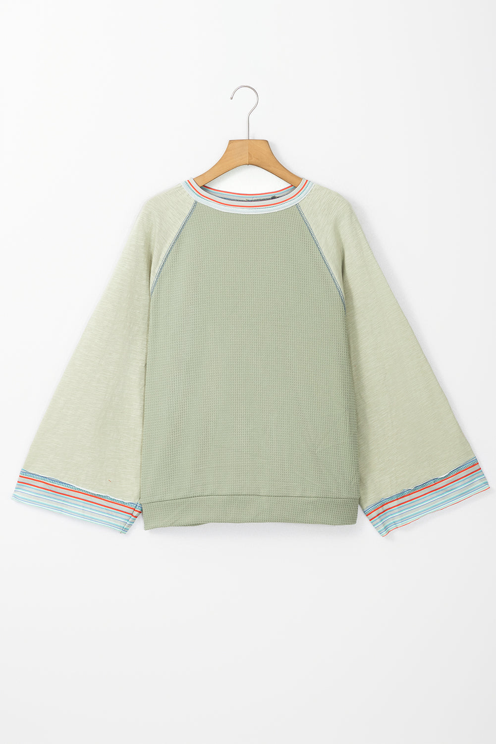 Haut raglan patchwork à manches larges et en tricot gaufré vert Meadow Mist
