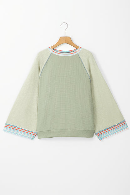 Haut raglan patchwork à manches larges et en tricot gaufré vert Meadow Mist